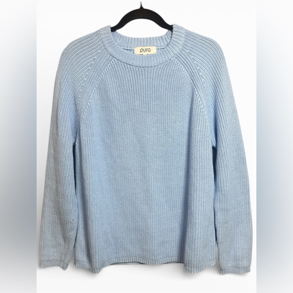 Pura Cashmere Light Blue Cotton Crewneck Sweater - Classic Rib Knit — image 3 of 8